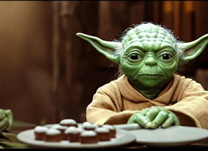 Image similar to film still of yoda working as a pastry chef in the new Star Wars movie, 4k