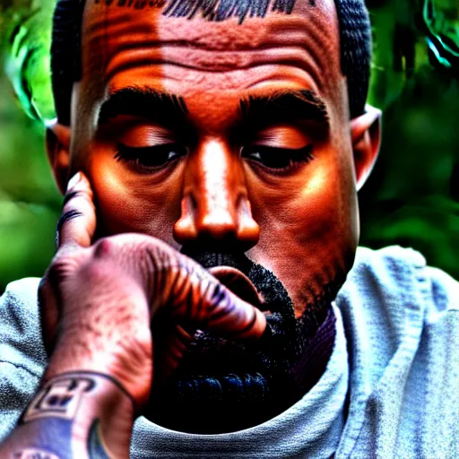 Image similar to dslr photo still of sad kanye west sitting on a park bench with a tear on his cheek, 8 k, 1 1 0 mm f 1 6