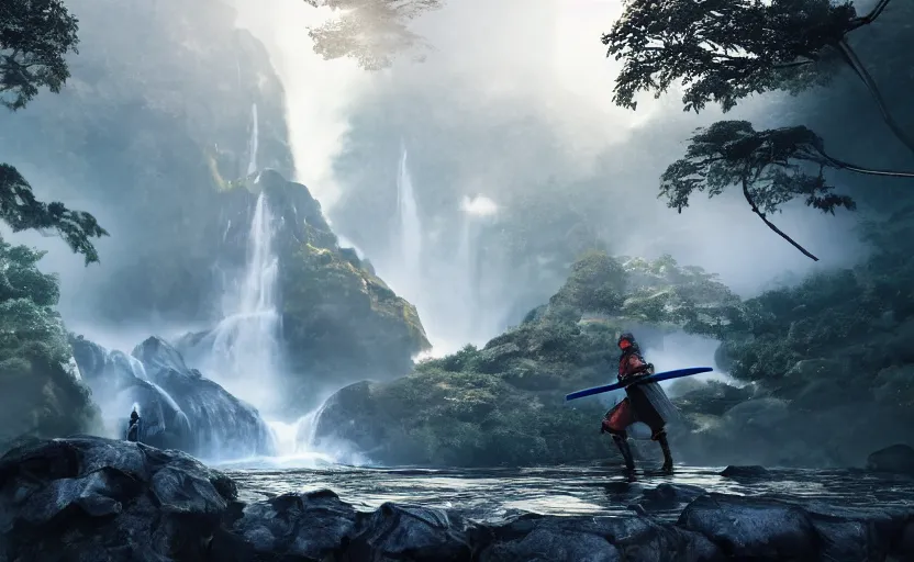 Prompt: highly detailed 3 d render of running shinobi warrior in front of massive waterfall, japanese village from sengoku period, surrounded by dense rock formations, mist, fog, blue night, cinematic lighting, photobash, raytracing, high contrast