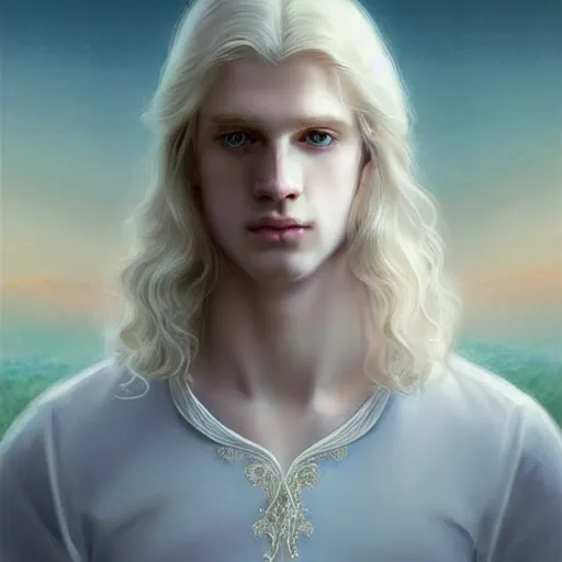 Image similar to Portrait of magical blond prince, very very very very pale white skin, long silky blond hair, dreamy and ethereal, pastel blue eyes, peaceful expression, ornate frilly regal shirt, fantasy, intricate, elegant, dynamic lighting, highly detailed, digital painting, artstation, concept art, smooth, sharp focus, illustration, art by artgerm and greg rutkowski and alphonse mucha