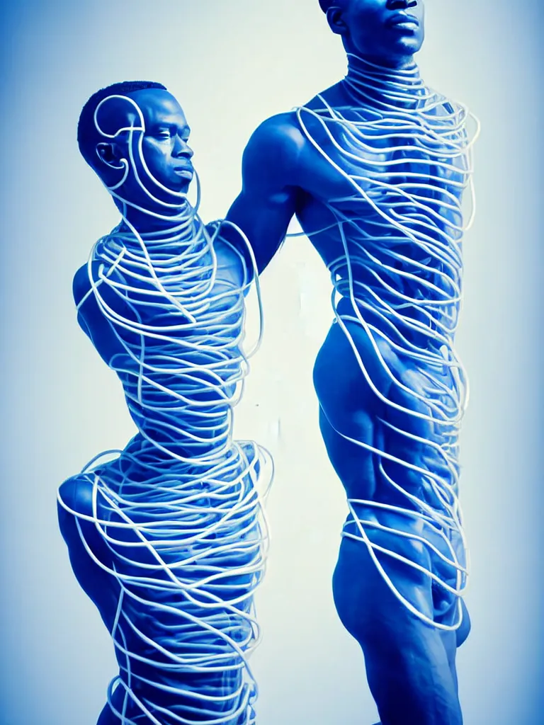 Image similar to a fine art photograph formal self sculpture by the artist kelbv, in realistic style with tubes neatly navigating the contours of his body, and disjoint body pumped full with blue and white ellipsoids, perfect studio lighting.