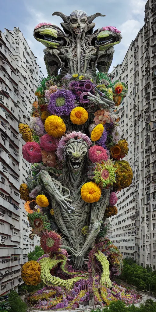 Image similar to colossal grotesque prehistoric psyhedelic alien predator flower made from best unfulfilled mankind projects in the middle of abandoned post soviet constructivist cityscape, Stalinist architecture, ultradetailed, Intricate by Hayao Miyazaki and Josan Gonzalez and Makoto Shinkai and Giuseppe Arcimboldo and Wes Anderson