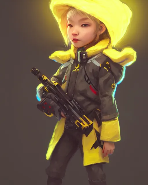 Prompt: a tiny combat kid wearing a puffy yellow jacket and a wizard wand, smooth, intricate, elegant, digital painting, artstation, concept art, sharp focus, octane render, illustration, art by ayami kojima, overwatch character,