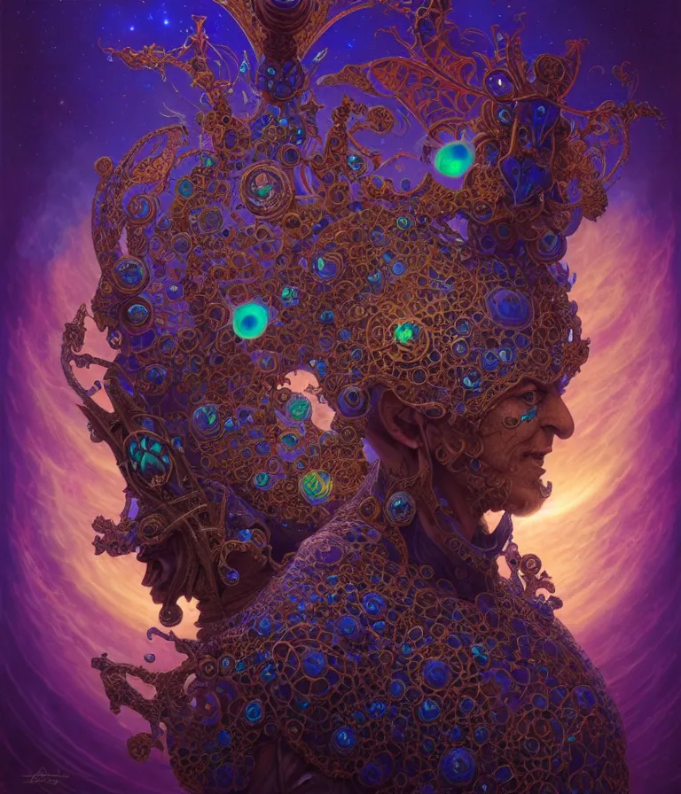 Image similar to front shot of a court jester character, hyperdimensional, bioluminescent hypercubes, dark holography!!!, sunset psychedelic, (((intricate))), elegant, highly detailed, centered, (((artstation, concept art, smooth, sharp focus, artgerm, Tomasz Alen Kopera, Peter Mohrbacher, donato giancola, Joseph Christian Leyendecker, WLOP, Boris Vallejo))), mugshot!!!!!, ugly!!!!!!, octane render, nvidia raytracing demo, octane render, nvidia raytracing demo, octane render, nvidia raytracing demo, grainy, muted, 8K, digitalblasphemy, metatron