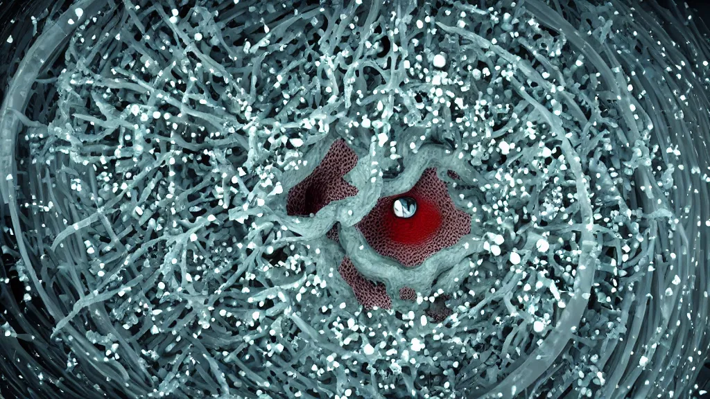 Prompt: beautiful 3 d closeup colour photo of deadly virus infecting a cell, seen through an electron microscope, sinister, detailed, ambient lighting, scientific illustration, 8 k, octane render