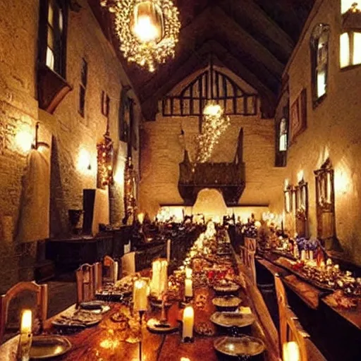 Prompt: feast for hundreds of people. candles, warm ambient light, hogwarts, beautiful, stone walls, hot food, delicious, steaming food on plates, gluttony
