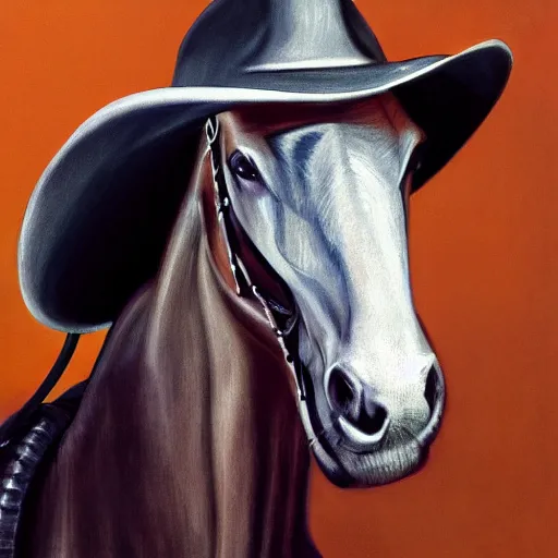 Image similar to cyborg horse with cowboy hat, portrait