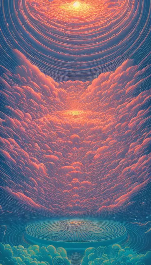 Prompt: the ancient portal of the luminous dream spirits on cosmic cloudscape, futurism, dan mumford, victo ngai