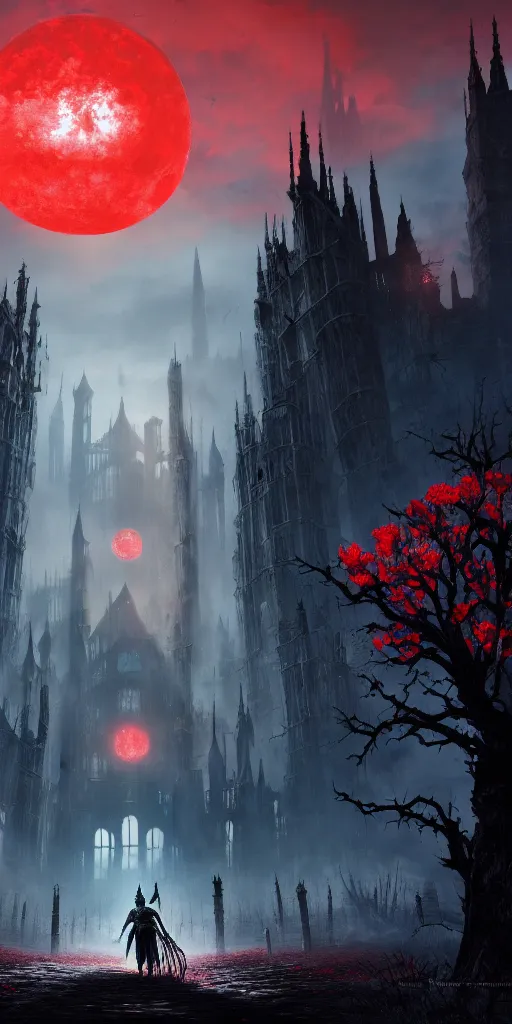 Prompt: abandoned bloodborne old valley with a person at the centre and a ruined gothic city at the end with a big castle, trees and stars in the background, falling red petals, epic red - orange moonlight, perfect lightning, wallpaper illustration by niko delort and kentaro miura, 4 k, ultra realistic