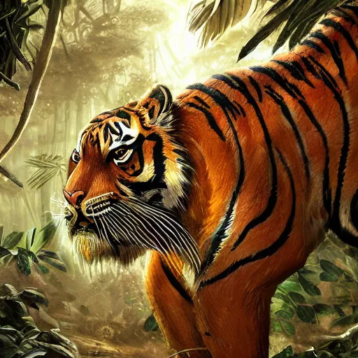 Image similar to a very high detailed tiger crossed with a muscular human body, wearing a very detailed golden kings crown, tattoo on shoulder, in a highly detailed jungle, full body, symmetric, Golden crown, crown on head, digital art, concept art, greg rutkowski, Nikolai Karelin, Hou China, trending artstation