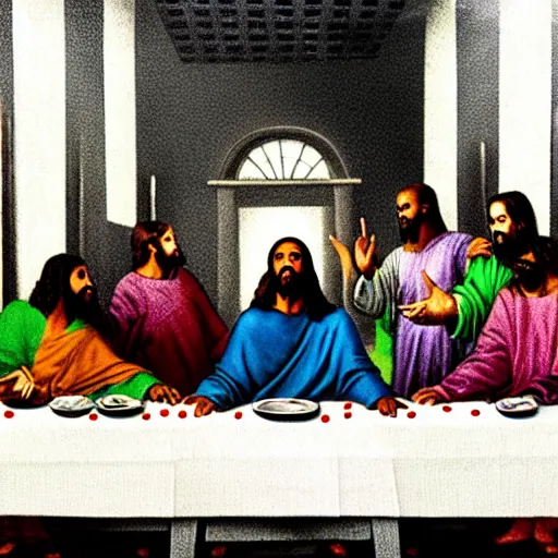 Image similar to Kanye West as Jesus in the Last Supper painting