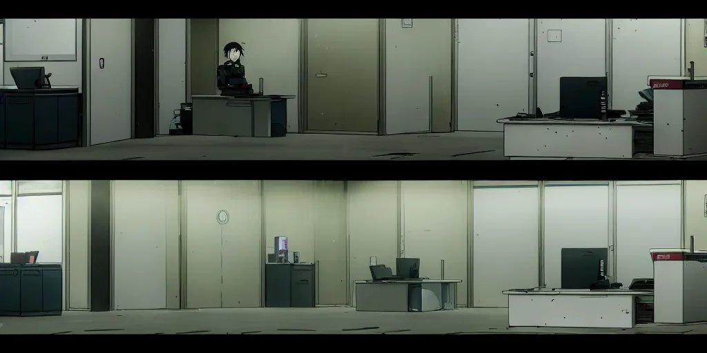 Prompt: an empty after hours cyberpunk police office office in the cyberpunk anime film, Shichiro Kobayashi, screenshot in the anime series ergo proxy ergo proxy ergo proxy and Detroit metal city, interior