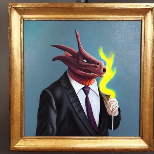 Image similar to oil painting of a dragon wearing a suit and smoking a cigar