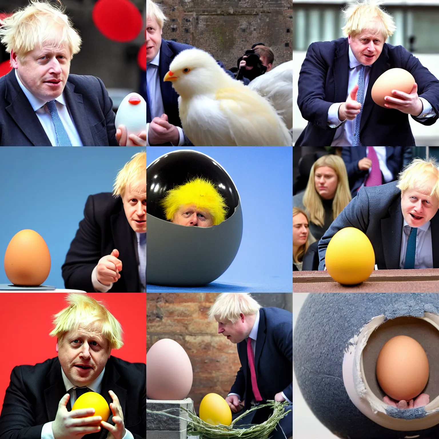 Prompt: boris johnson hatching from an egg like a baby chick