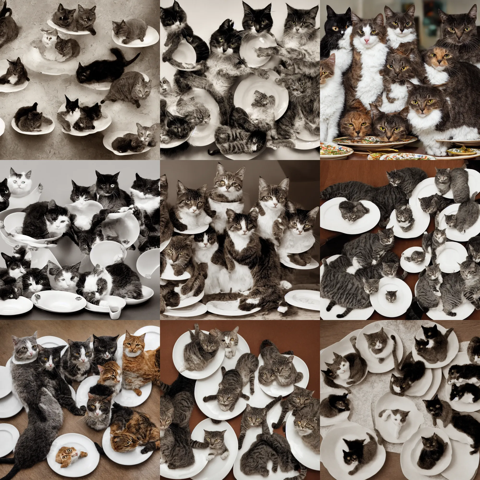 Prompt: a photo of three cats, each with a plate on top of its head.