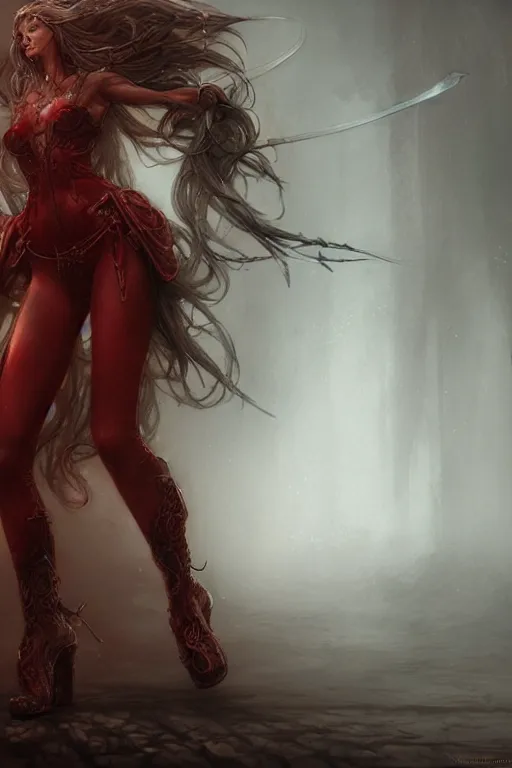 Image similar to red women's boots shoes only, by wlop, by luis royo, by peter mohrbacher, concept art, digital illustration, intricate, masterpiece, elegant, super detailed, unreal engine rendering, smooth, sharp focus, artstation hq