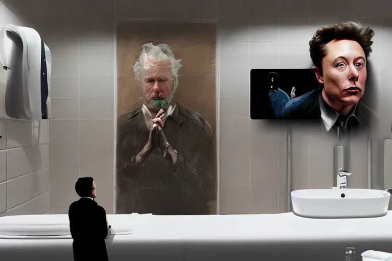 Image similar to hyperrealism aesthetic ridley scott and denis villeneuve style portrait photography of a detailed hyperrealism elon musk, siting on a detailed hyperrealism toilet and scrolling his detailed smartphone in hyperrealism scene from detailed art house movie in style of alejandro jodorowsky and wes anderson