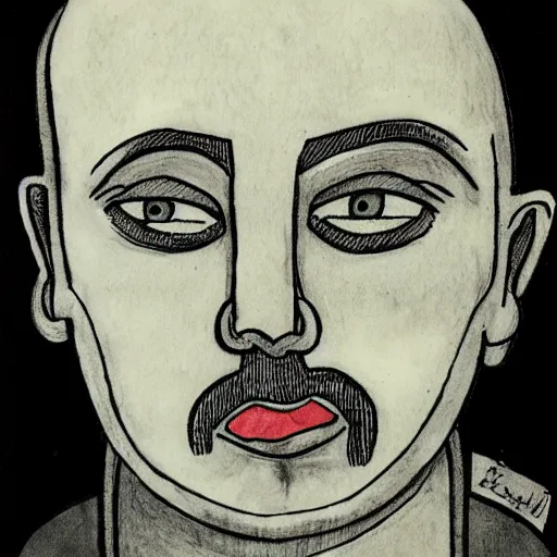 Prompt: portrait of bald short - bearded man with round face, small eyebrows, wide lips and kind blue eyes, minimalictic black and white art brut, ink, pencil