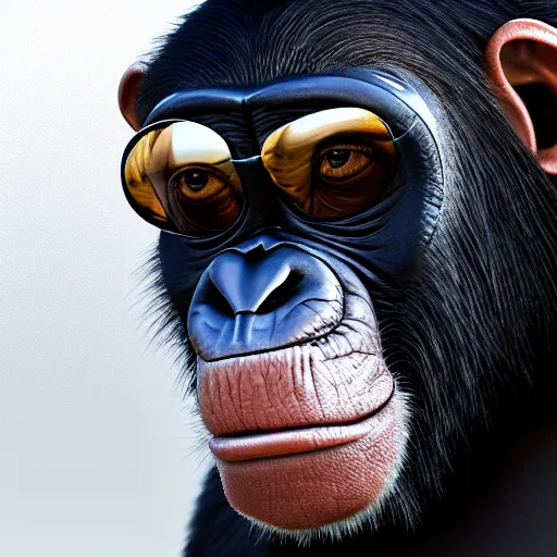 Image similar to Portrait of chimpanzee general wearing mirrorshades and a futuristic leather uniform, photorealistic, highly detailed, cinematic lighting, volumetric lighting