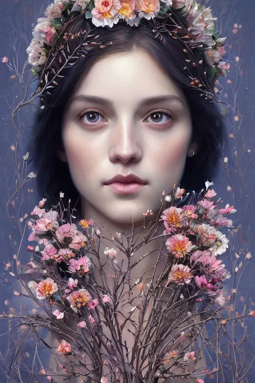 Image similar to symmetry!! full body portrait!!!! of a beautiful!!!! girl, pretty face, decorated with twigs and flowers, intricate, elegant, highly detailed, digital painting, artstation, concept art, smooth, sharp focus, illustration, art by artgerm and greg rutkowski and alphonse mucha, 8 k