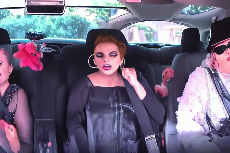 Image similar to lady gaga and judy garland carpool karaoke, highly realistic, highly detailed, high resolution, 8 k 4 k,