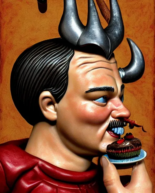 Image similar to highly detailed closeup, face profile portrait of a tin toy leonardo dicaprio as a medieval demon with horns eating cakes in a castle, hyper realistic, artstation, illustration, nicoletta ceccoli, mark ryden, lostfish, dan decarlo, bob clampett, max fleischer, digital paint, matte paint, vivid colors, detailed and intricate environment