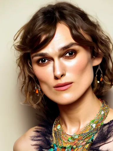 Prompt: a photograph of Keira Knightley with necklace made of seashells from the stage production of The Tempest taken with Nikon D3500, 4K UHD, high detail, photo realistic