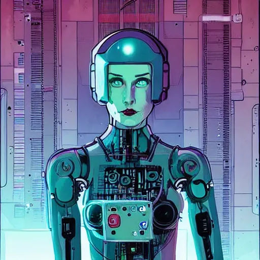 Prompt: a portrait of a beautiful cybernetic woman connected to a synthesizer from hell, wires, cyberpunk concept art by josan gonzales and enki bilal