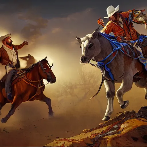 Image similar to Chubby Ethan Van Sciver as a cowboy chasing cattle, colorful, dramatic lighting, detailed, intricate, elegant, highly detailed, digital painting, artstation, concept art, smooth, sharp focus, illustration