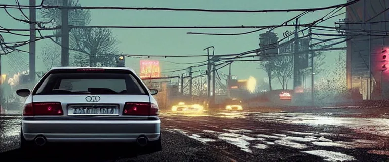 Prompt: Audi A4 B6 Avant (2002), a gritty neo-noir, dramatic bright lighting, cinematic, establishing shot, extremely high detail, photorealistic, cinematic lighting, artstation, by simon stalenhag, Max Payne (PC) (2001)