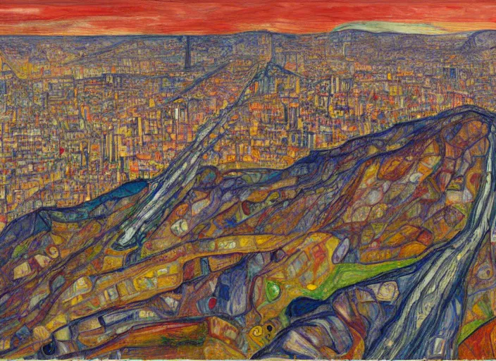 Prompt: a realistic San-Francisco cityscape, bird view, hills, Golden Gate, houses, parks, and hell bursting in style of Egon Schiele, Wayne Thiebaud and Frank Auerbach and Bosch