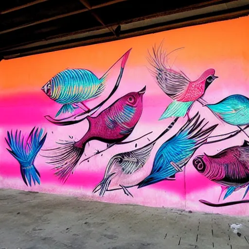 Prompt: a huge mural in pink and orange, showing many colorful birds and exuberant fish mixing and blending, urban Street art by refreshink, l7m, pantone
