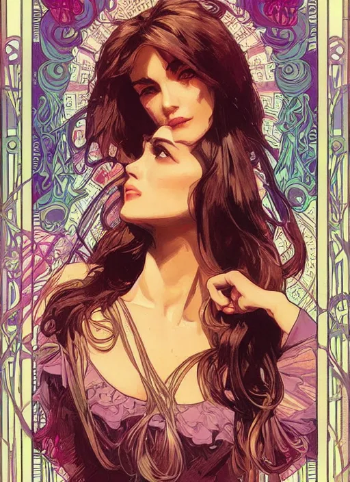 Prompt: Pretty woman, 1967 psychedelic portrait art by artgerm and greg rutkowski and alphonse mucha