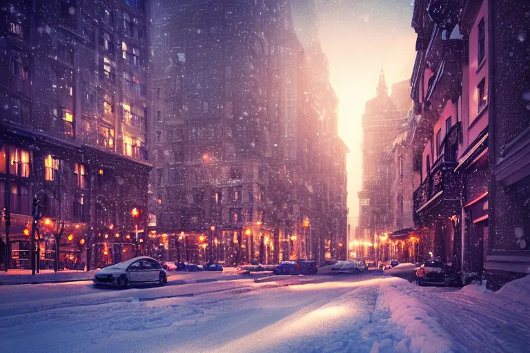 Image similar to beautiful cityscape, snow cold weather, evening lighting, 35mm photography, highly detailed, 8K, artgerm, sharp focus, cgsociety, cool lighting