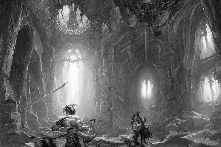 Prompt: black and white drawing point perspective fantasy dungeon you find the motionless lair of archrain, the precise ghost-minotaur,by artgerm and Craig Mullins, James Jean, Andrey Ryabovichev, Mark Simonetti and Peter Morbacher 16k