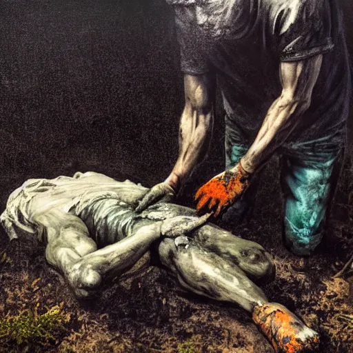 Image similar to one man in a cemetery digging up a dead body, by nicola samori, painting, 8 k, high detail, medium blue, orange, and dark green tones, high quality, sad feeling, high detail, dark colors, sinister atmosphere, dramatic lighting, cinematic, establishing shot, extremely high detail, photo realistic, cinematic lighting