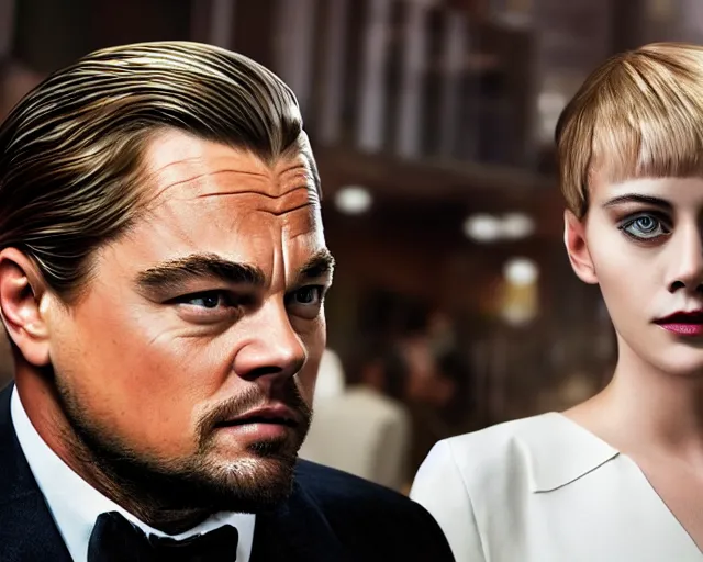 Image similar to margot r! dream leonardo dicaprio as the wolf of wall street, cinamtic, long shot, hyper detailed, very detailed face, 8 5 mm photograph, 8 k resolution, film still, sharp lens, wide lens