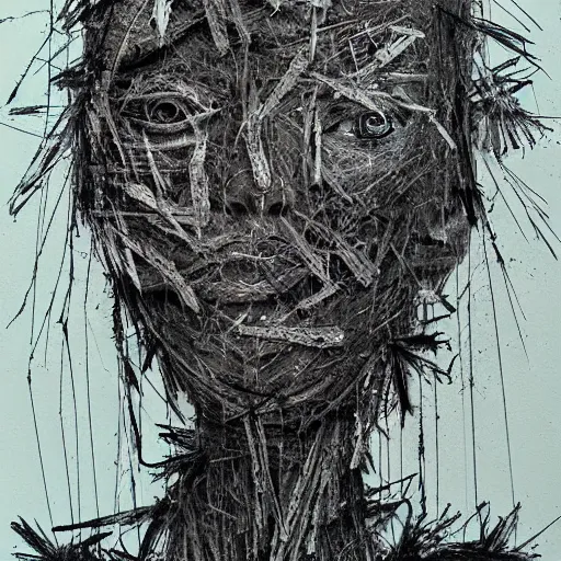 Image similar to multiple faces shredded like paper news scared, dark horror, surreal, drawing, painting,