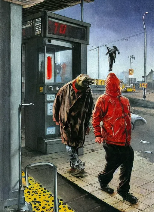 Image similar to a dariusz zawadzki painting of a creature covered in tripophobic holes walking towards a man at a gas station, full view, concept art, extremely high details, francis bacon, norman rockwell, hyper realistic high quality scene of the end of the world by francis bacon and edward hopper, horror art, scene from godfather