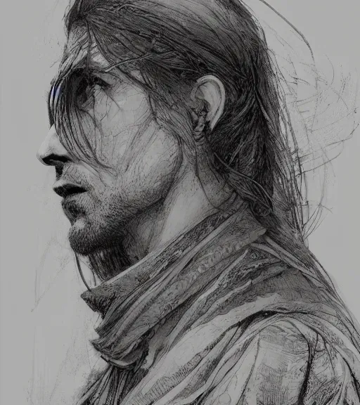 Image similar to portrait of man with long blond hair tied up wearing black robes, pen and ink, intricate line drawings, by craig mullins, ruan jia, kentaro miura, greg rutkowski, loundraw