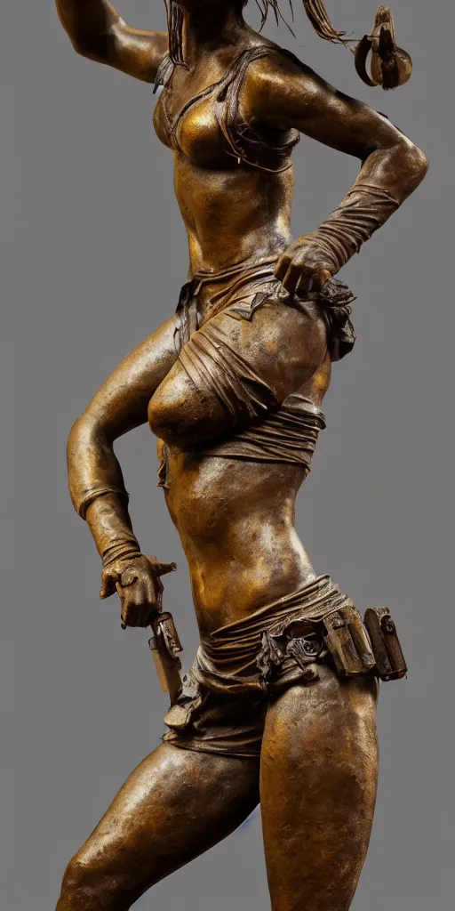 Prompt: detailed photo of old bronze patina statue of a lara croft dancing woman, full body, photorealism, intricate detail, museum diffuse lighting