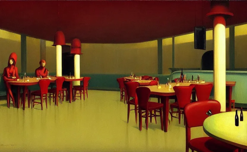 Prompt: An empty sad restaurant with glossy checker ceramic floor, Edward Hopper and James Gilleard, Zdzislaw Beksinski, Mark Ryden, Wolfgang Lettl highly detailed, hints of Yayoi Kasuma