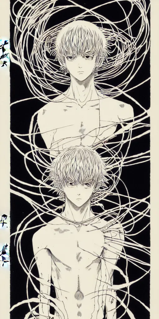 Image similar to prompt: Fragile looking figure, portrait face drawn by Takato Yamamoto and Katsuhiro Otomo, full body character drawing, inspired by Evangeleon and Akira 1988, clean ink detailed line drawing, intricate detail, manga 1980, portrait centric composition