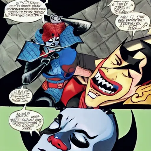 Prompt: harley quinn hitting batman on the head with a baseball bat