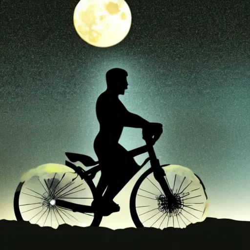 Prompt: superman riding a bike over the full moon as silhouette, from the movie e. t. the extra terrestrial, with dark trees in foreground, cinematic frame, hd