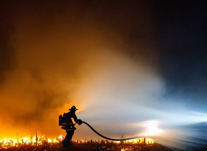 Prompt: stunning award winning photograph of a firefighter spraying water on a burning tree on a foggy night