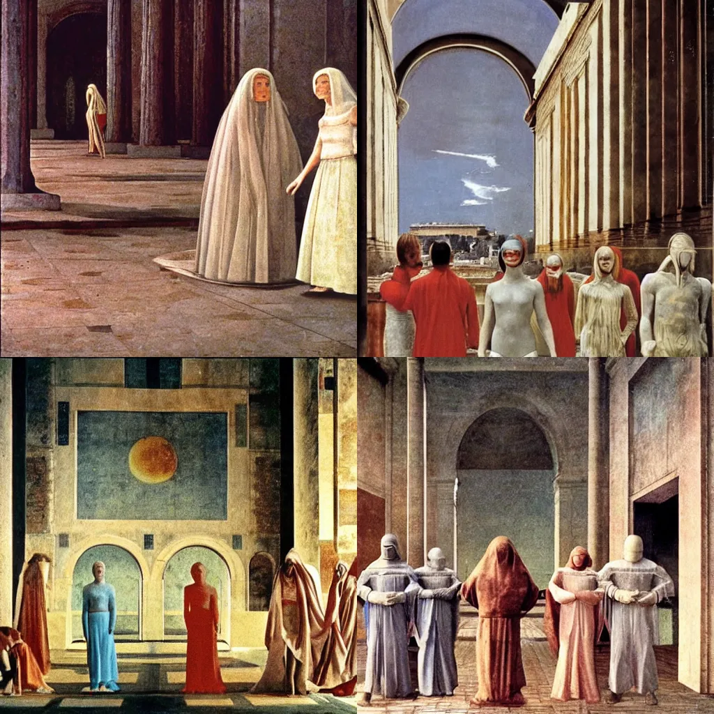 Prompt: a scene from the movie la felicita ( 1 9 7 1 ) a scifi, cyberpunk, futurist movie by luchino visconti in the style of the ideal city by piero della francesca with mastroianni, technicolor, cinematic, 5 0 mm, highly detailed