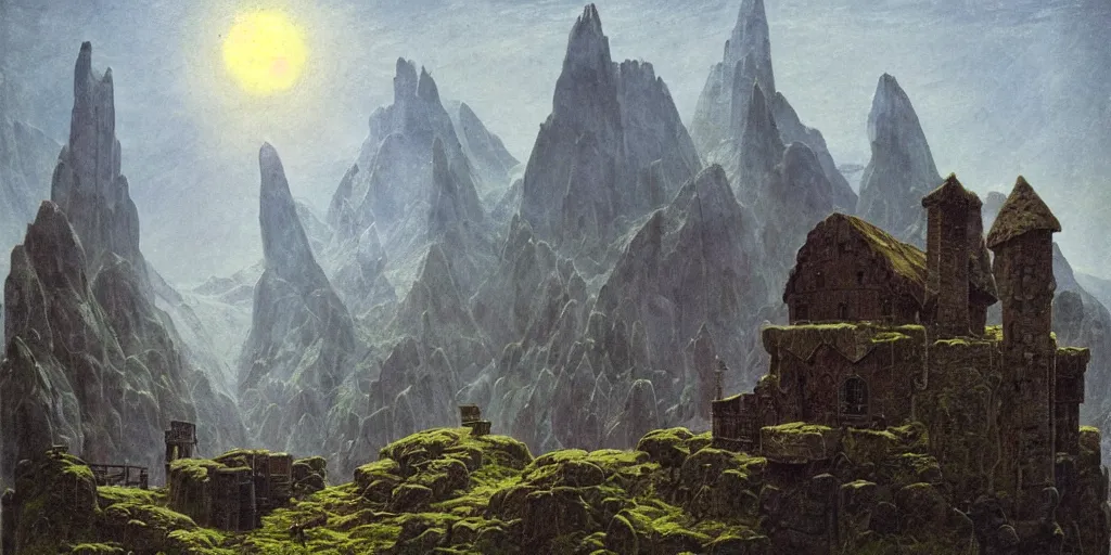 Prompt: the dwarven mountainhome | fantasy | dwarven fortress | Caspar David Friedrich |