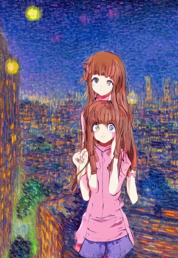 Image similar to wide angle portrait of a teenage girl, a thrifty outfit, somewhat of an anime in impressionist style, city street view background, starlit night sky, trending artwork, illustrated in anime painter studio, by claude monet