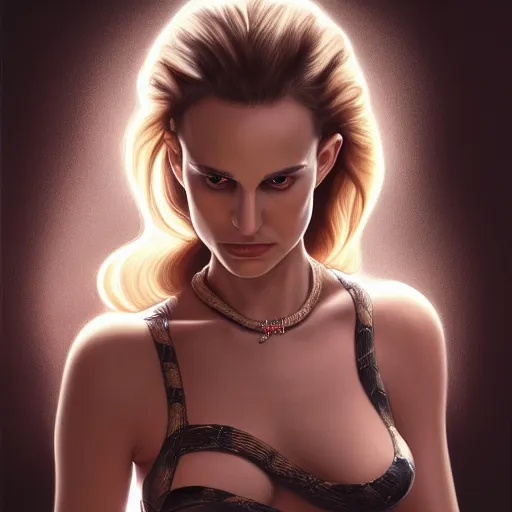 Image similar to Natalie Portman mixed with a snake, very detailed, ultrarealistic, dramatic lighting, electrical details, high details, 4k, 8k, best, accurate, trending on artstation, fur, artstation, photorealism, ultrarealistic, digital painting, style of frank frazetta